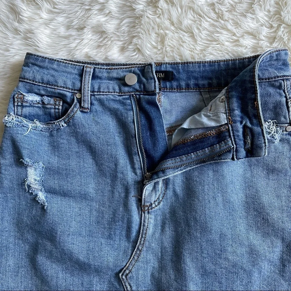 AFRM Skirt Denim Distressed Raw Hem Light Wash 28